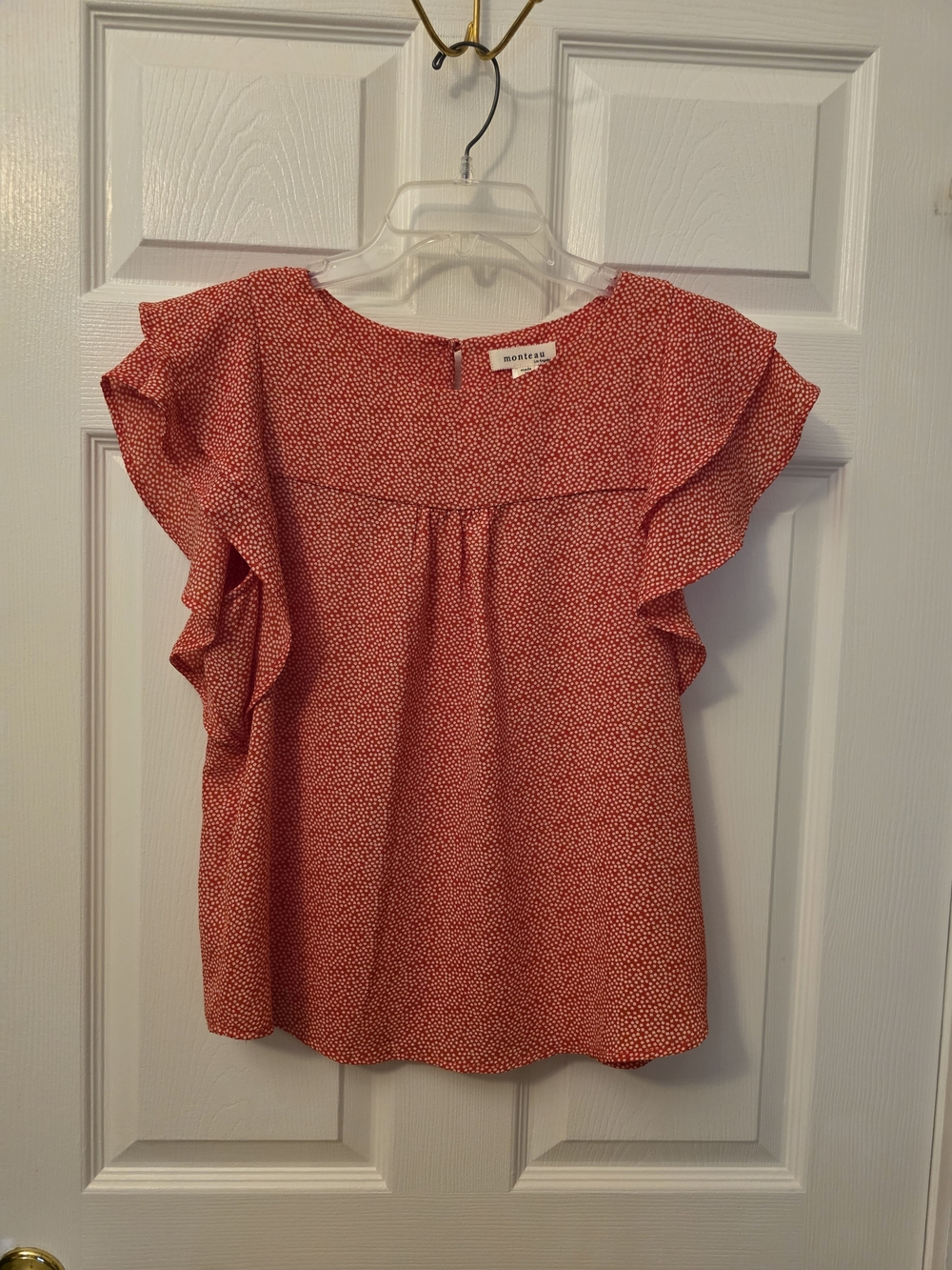 Monteau Coral-Red Microdot Ruffle Sleeve Blouse